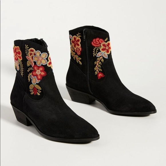 HP!!! 🎈Anthropologie Floral Western Boots Beaded Embellished Black Suede 41/10 - Picture 2 of 8